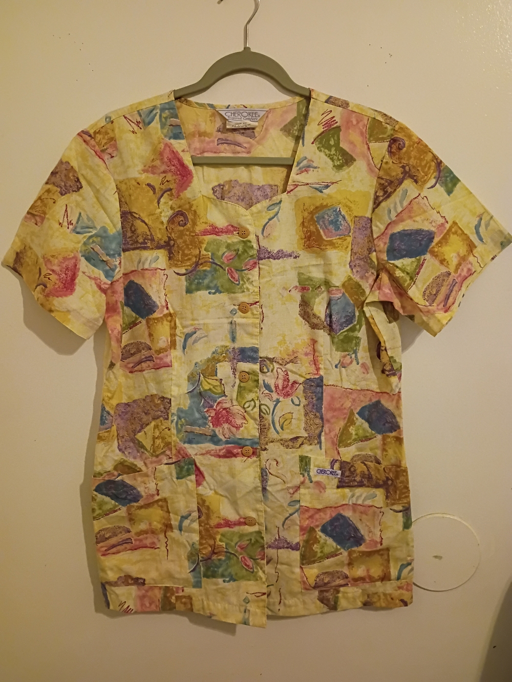 VTG Women's Cherokee Multicolor Abstract Print Scrub Top Sz M